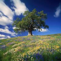 A large tree in the middle of a field photo