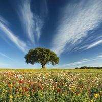 Colorful wildflower field with tree photo