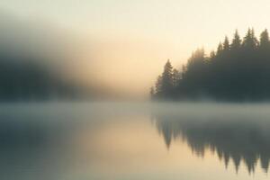 A lake surrounded by trees and fog photo