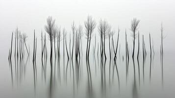Silhouetted trees in foggy water photo