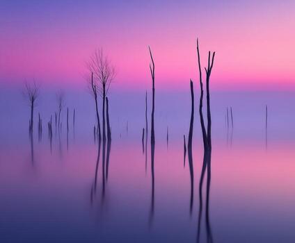 Trees mirrored in calm water photo