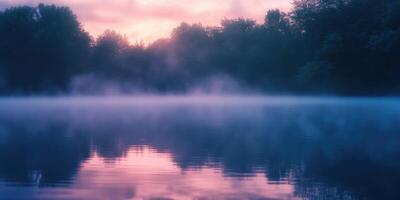 Serene morning mist over still lake photo