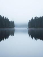 Trees mirrored in misty lake photo