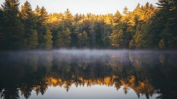 Still lake reflects autumn foliage at dawn photo