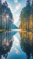 tranquilo todavía lago rodeado por alto arboles foto