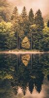 Still lake reflecting trees at sunrise photo
