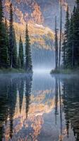 Serenity of still lake reflecting mountains photo