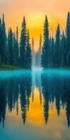 Tranquil lake surrounded by towering trees photo