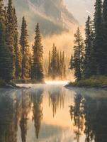 Still lake reflecting trees and morning mist photo