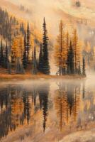 Still lake reflecting autumn trees and fog photo