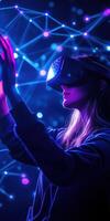 A woman wearing a virtual reality headset photo