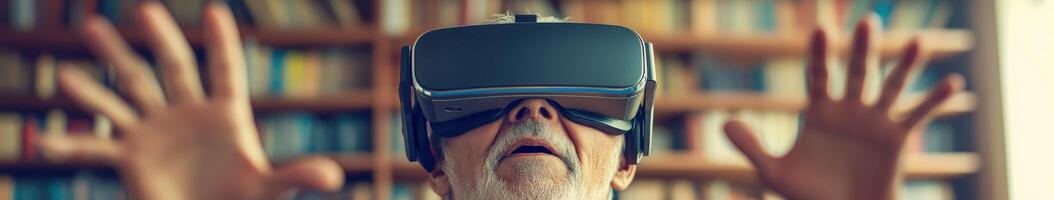 Elderly man engages with virtual reality photo
