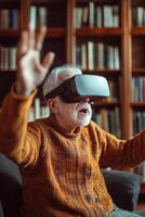 Elderly man enjoys indoor VR photo