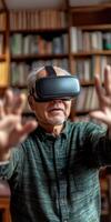 Elderly man experiences virtual reality photo