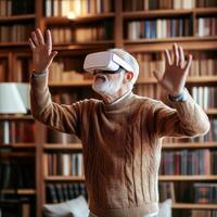 Elderly man tries VR in library photo
