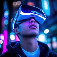 Virtual reality adventure in neon city lights photo