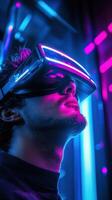 Experiencing virtual reality in neon light photo