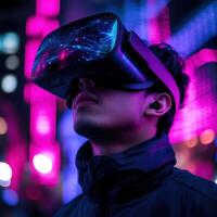 Engaging with virtual reality in neon city photo