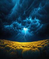 A stormy sky with lightning and clouds over a field photo