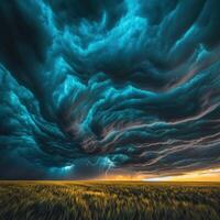 A stormy sky over a field with dark clouds photo