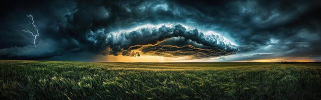 A storm is seen over a field of green grass photo