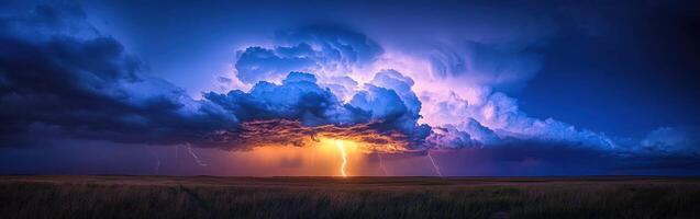A lightning bolt is seen through a cloud in the sky photo