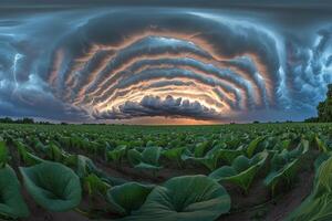 A large storm cloud over a field of green plants photo