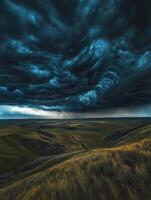 A stormy sky over a field with grass and tall grass photo