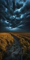 A stormy sky over a field with a path leading to it photo