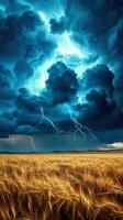 Stormy sky over wheat field with lightning photo