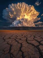 A large cloud is seen over a dry field photo