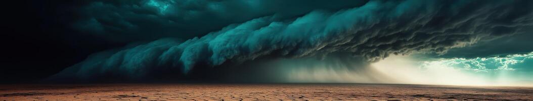 Dramatic clouds swirl above the dry landscape photo