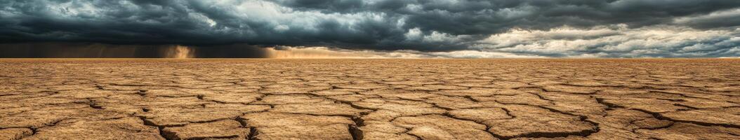 A desert with cracked ground and storm clouds photo