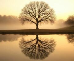 Trees reflected in calm water at sunrise photo