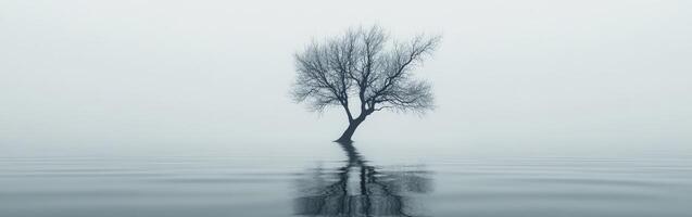 Lonely tree in misty water at dawn photo