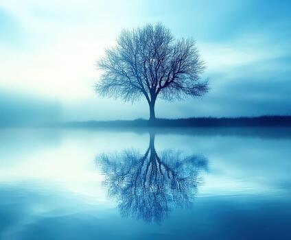 Lonely tree by calm water at twilight photo