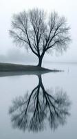 Tree reflected in foggy water photo