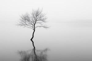 Lonely tree stands in calm water at dusk photo