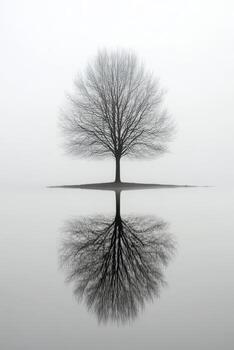 Leafless tree stands alone in tranquil fog photo