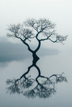 Lonely tree standing in fog over calm water photo