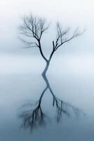Lonely tree stands in fog over tranquil water photo