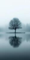 Lonely tree stands in foggy lake landscape photo