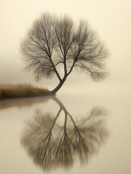 Serene tree reflection in calm water at dawn photo