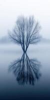 Lonely tree reflected in calm lake water photo
