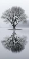A tree is reflected in a lake on a foggy day photo