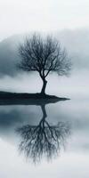 Lonely tree standing by misty lake at dawn photo