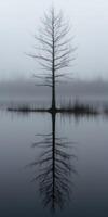 Lonely tree reflected in calm water at dawn photo