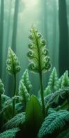 Fern fonds thrive in misty forest sunlight photo