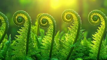 Sunlit ferns flourish with spiraled fronds photo
