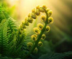 Elegant fern fronds unfurling in sunlight photo